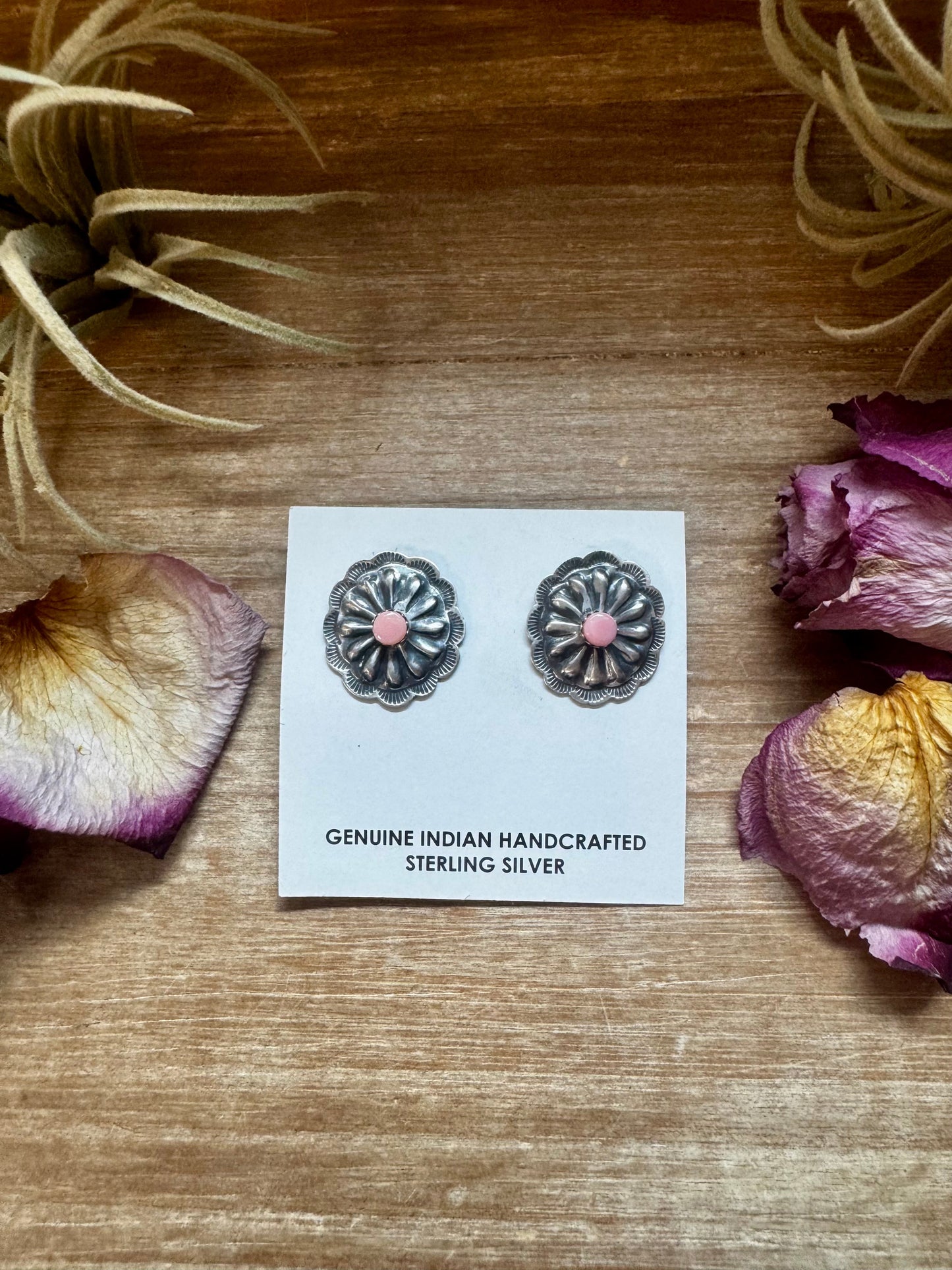 Concho Stud Earrings with Pink Conch – Sterling Silver