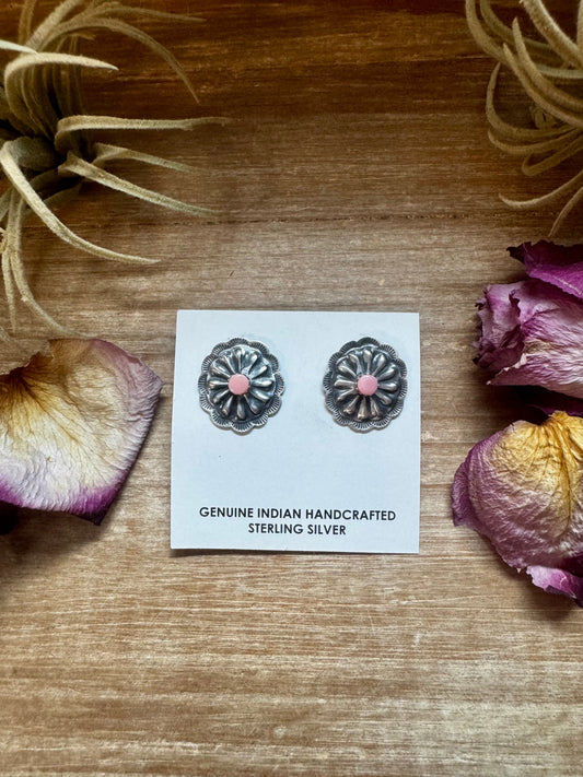 Concho Stud Earrings with Pink Conch – Sterling Silver