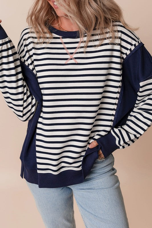 Stripe Patchwork Exposed Seam Loose Fit Sweatshirt