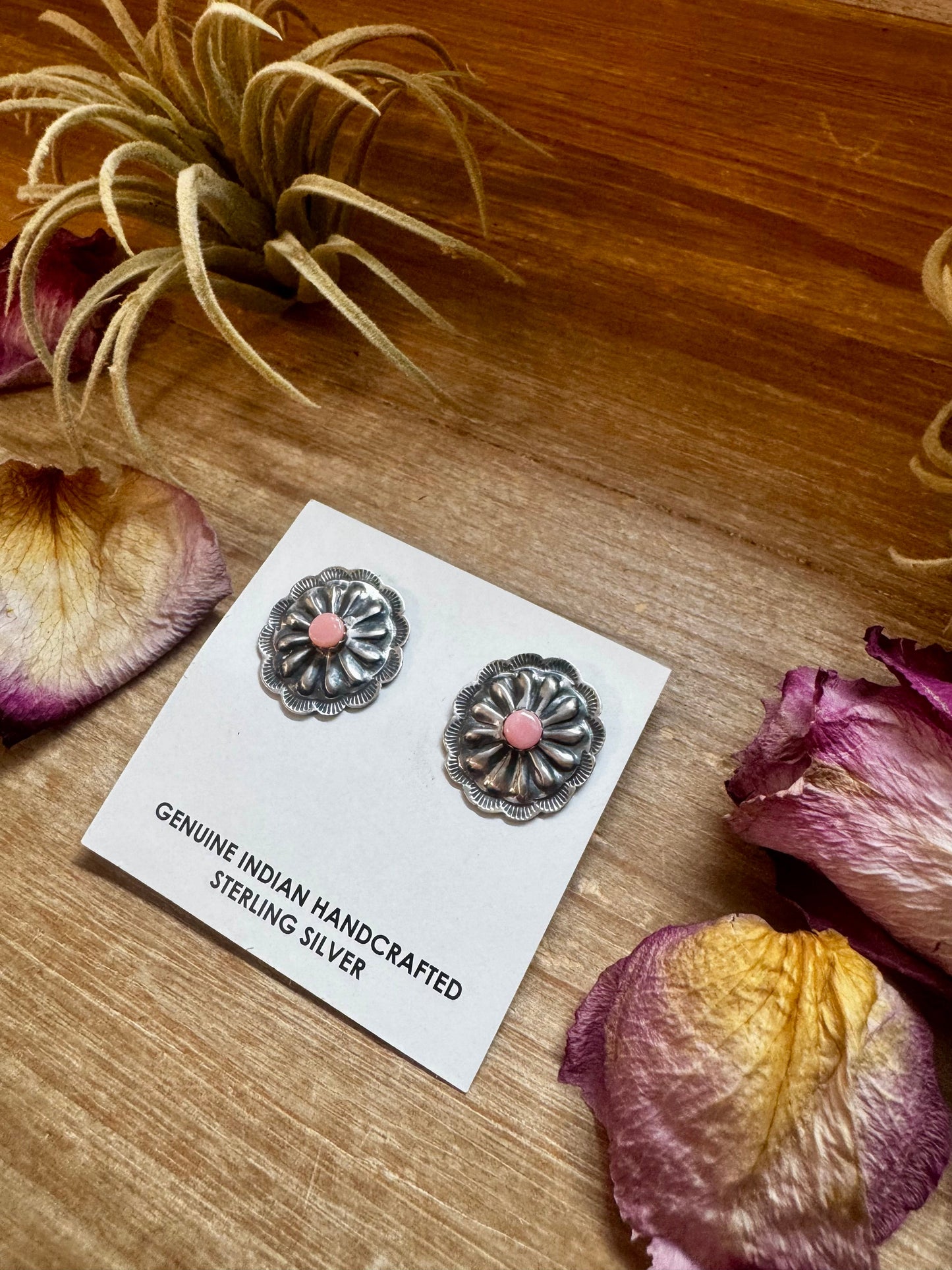 Concho Stud Earrings with Pink Conch – Sterling Silver