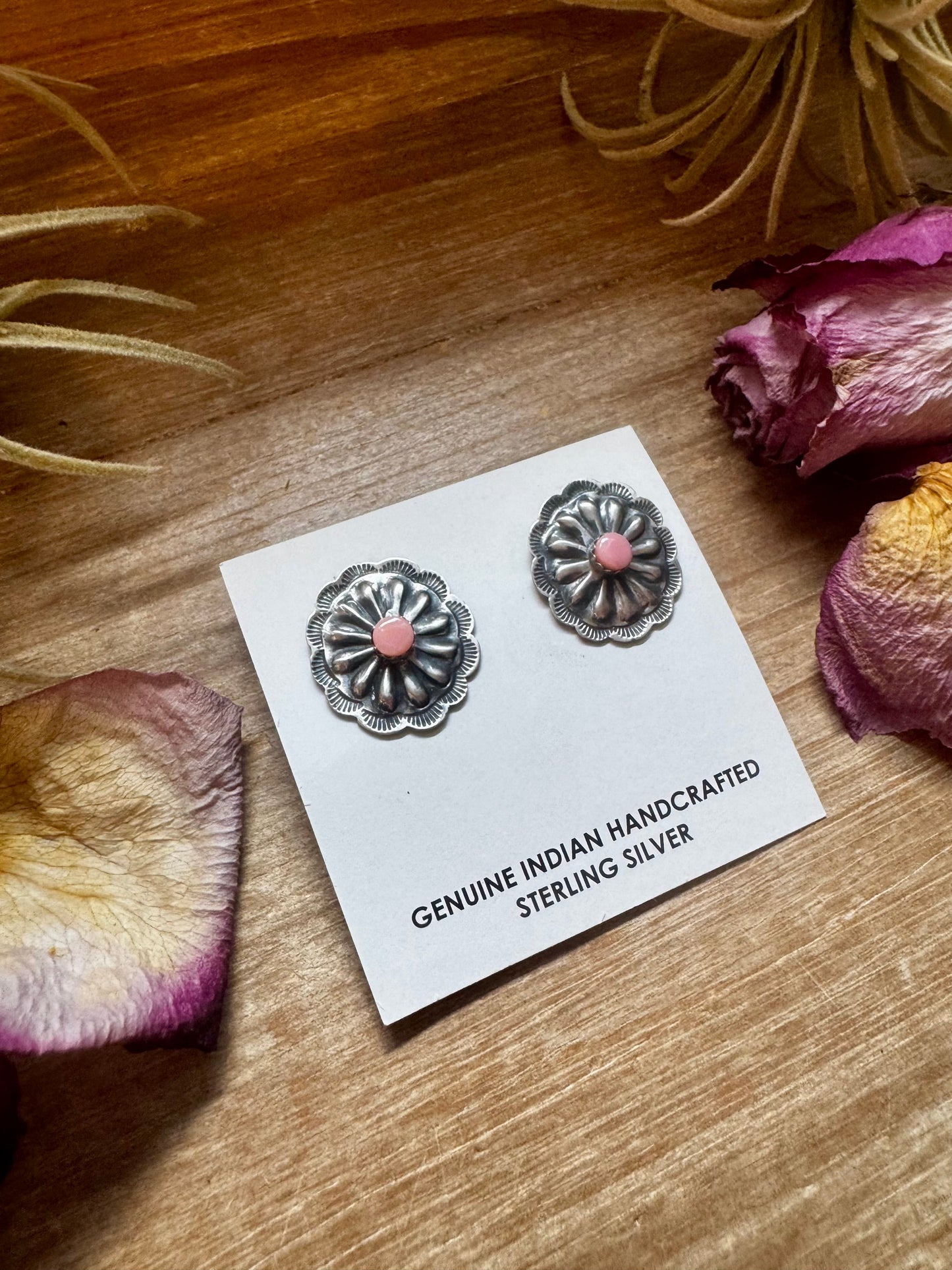 Concho Stud Earrings with Pink Conch – Sterling Silver